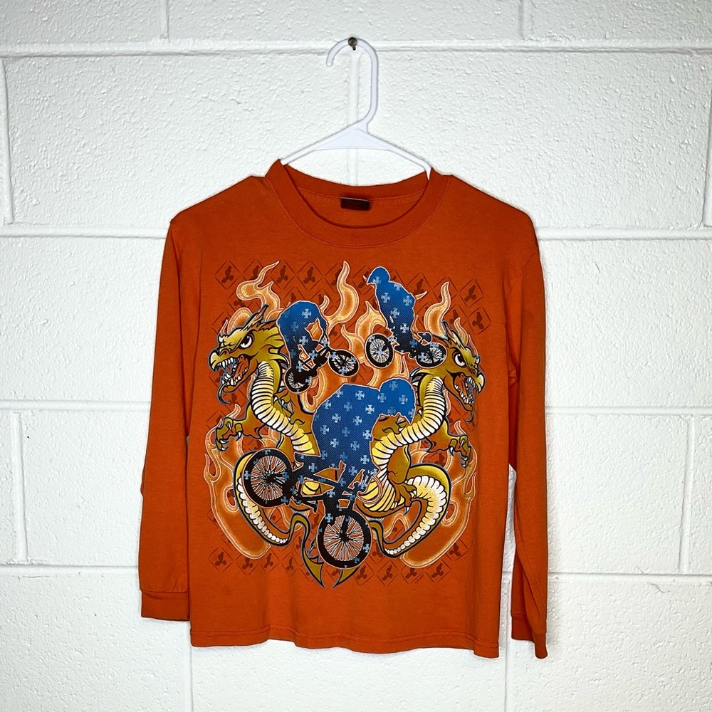 < Vintage Boys Long Sleeve Shirt with Dragon and BMX Design >
